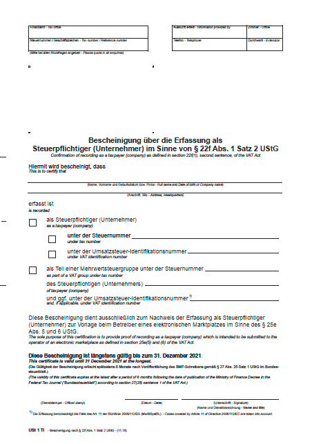 22f-Bescheinigung: Diese erhieltet Ihr von Eurem Finanzamt in Papierform.