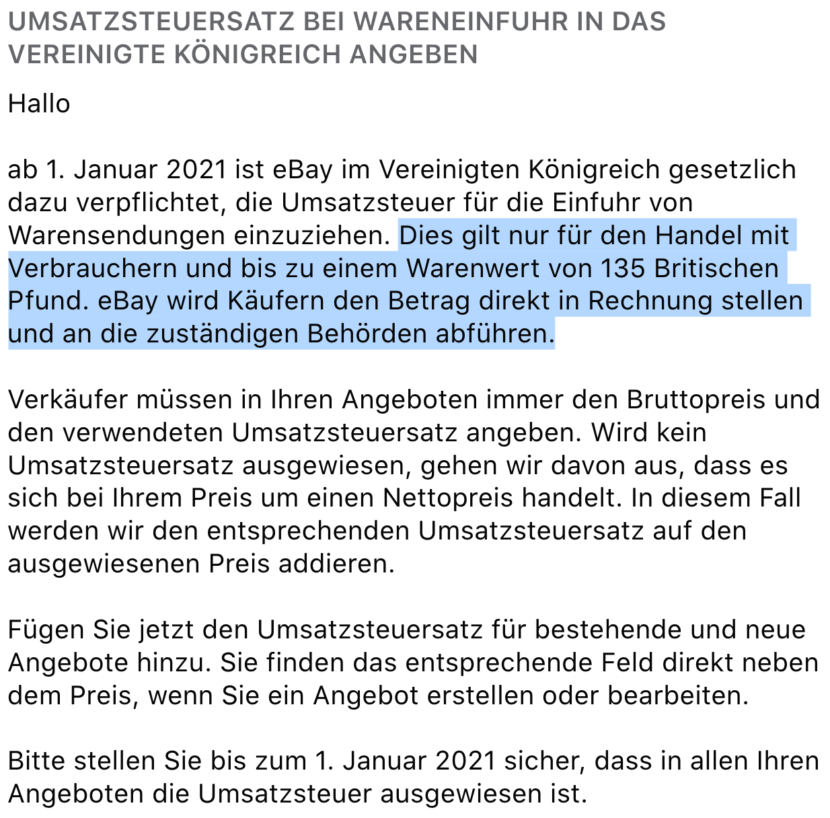 Screenshot: Mitteilung von eBay zur Umsatzsteuerberechnung bei Lieferungen nach Großbriatnnien über ebay bis Warenwert 135 Pfund – Stand 1.12.2020