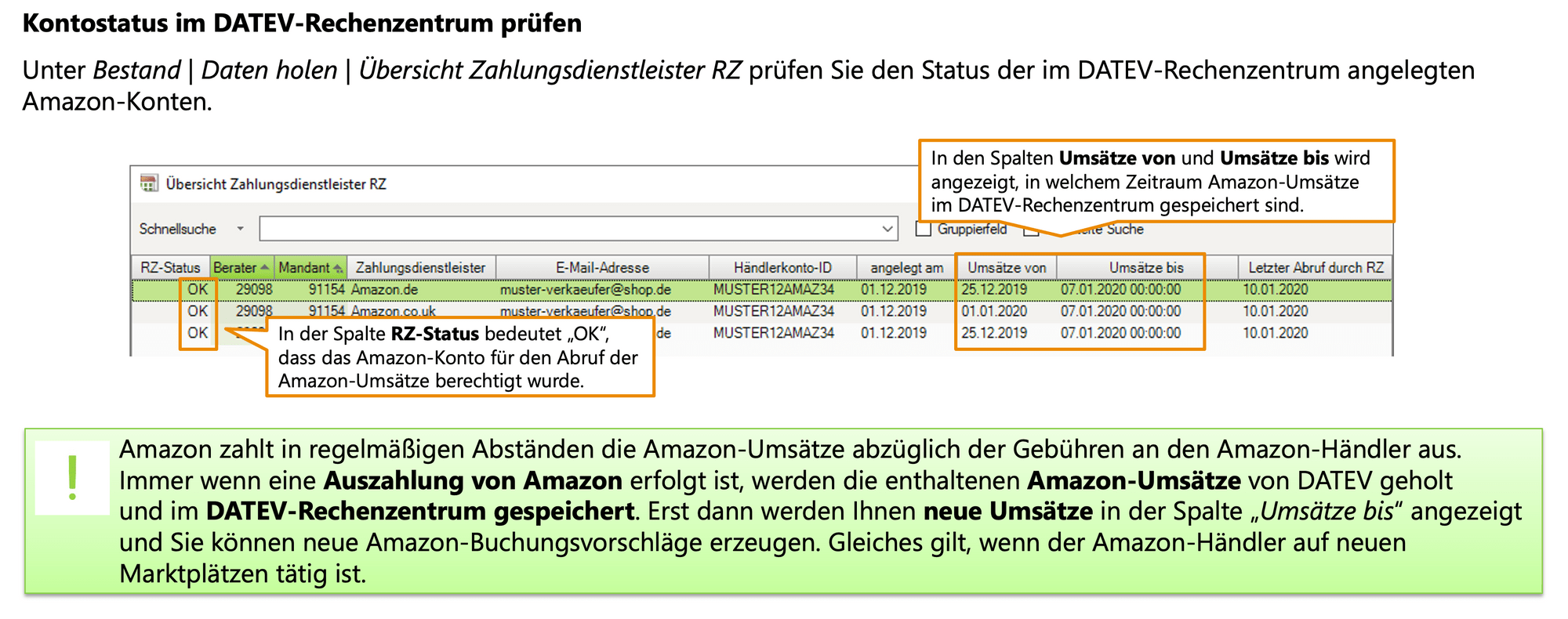 DATEV Amazon interface, documentation (screenshot)