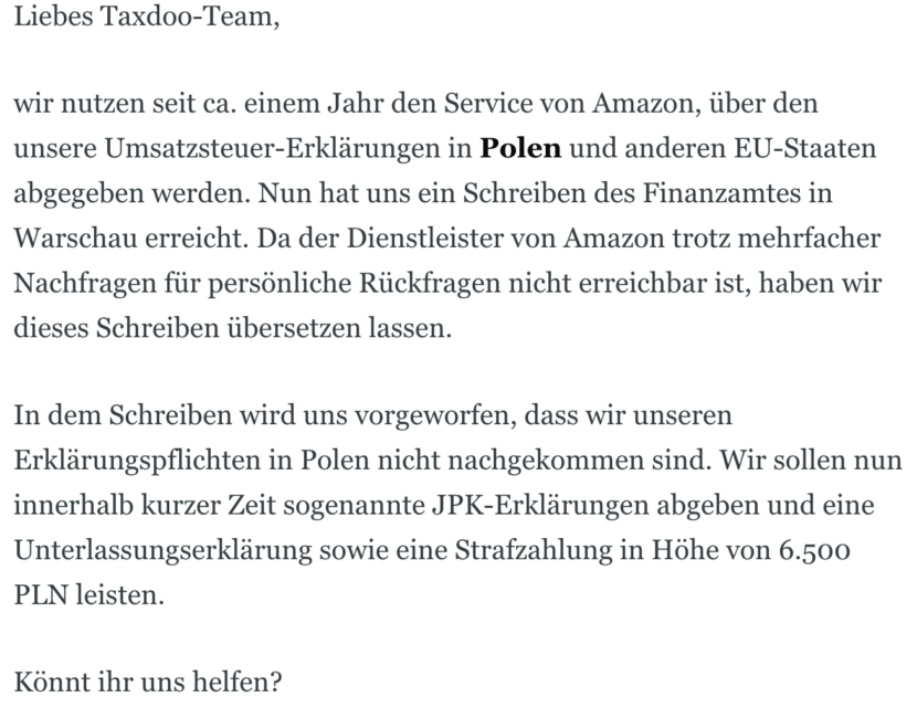 Screenshot des Schreibens eines Amazon Sellers wegen fehlender JPK-Erklärungen in Polen