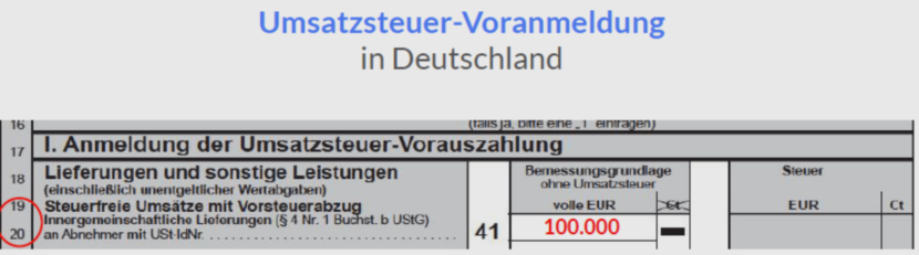 In der deutschen Umsatzsteuer-Voranmeldung meldet Ihr den Nettobetrag der steuerfreien innergemeinschaftlichen Lieferung in Feld 41