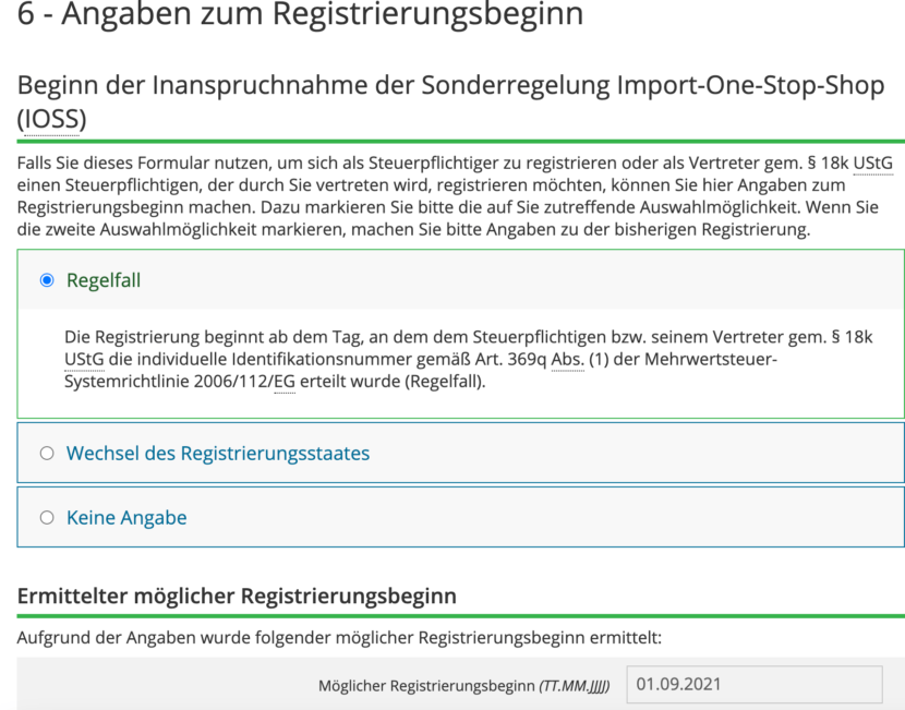 Screenshot: IOSS Registrierungsbeginn