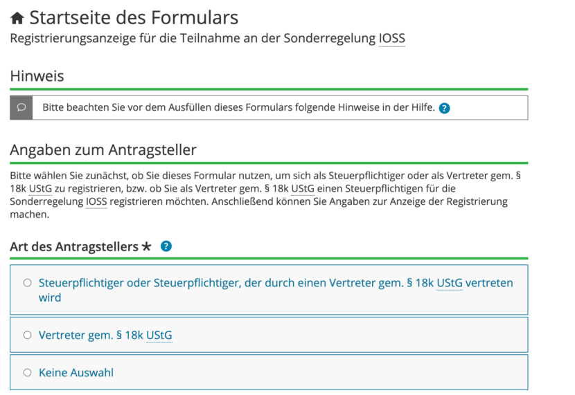 Screenshot IOSS Registrierung Schritt 2: Angaben zum Antragsteller