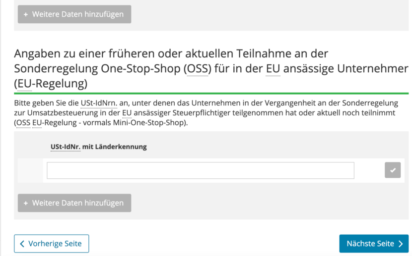 Screenshot: Bei der IOSS Registrierung wird auch abgefragt, ob man bereits am OSS Verfahren teilnimmt