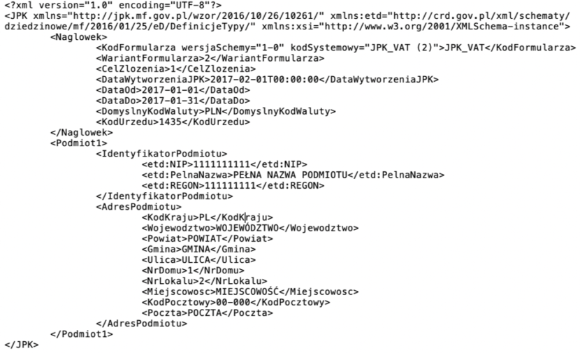 Ausschnitt einer Datei mit Daten für die JPK-Meldung in Polen
