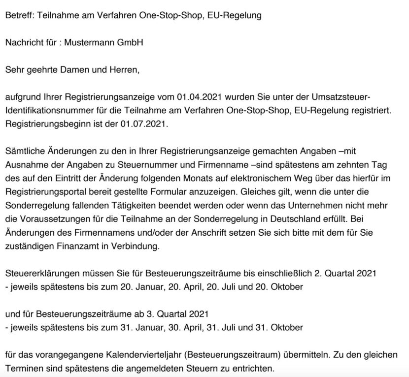 Screenshot: Bestätigung des BzSt zur Registrierung am One Stop Shop Verfahren EU Regelung