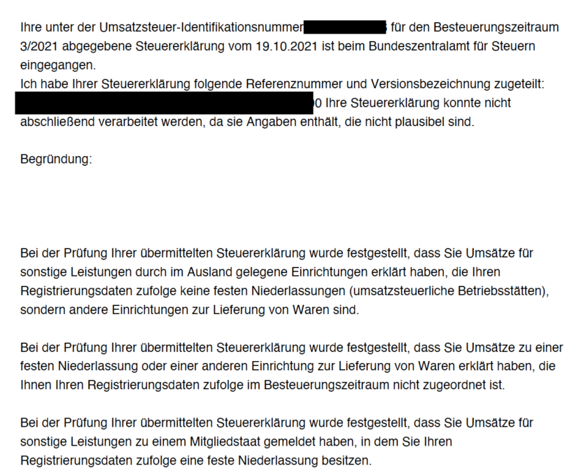 Screenshot: Ablehnungsschreiben einer Steuererklärung, in der Fernverkäufe aus dem EU-Ausland deklariert wurden. Wurde die Frist zur OSS-Meldung damit nicht eingehalten?