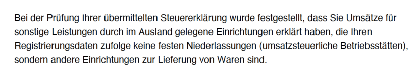 Screenshot aus Schreiben: Schriftliche Begründung des BZSt für OSS Fehlercode #1 sonstige Leistungen aus anderen Einrichtungen zur Lieferung von Waren 