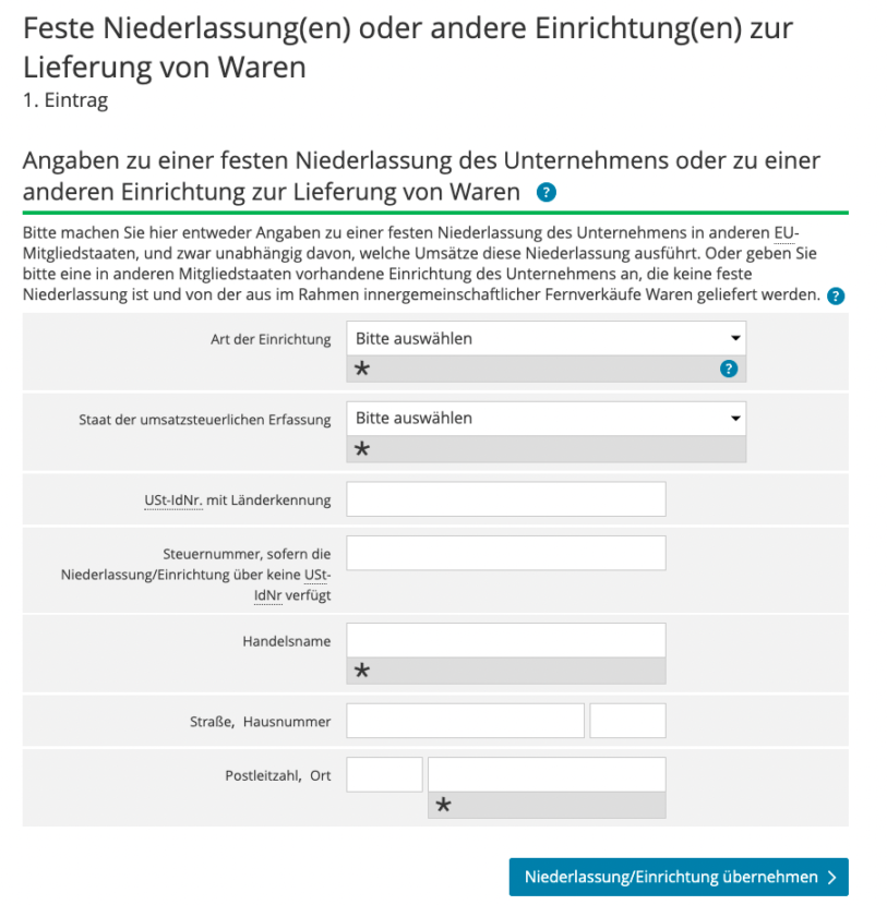 Screenshot: Bei der OSS Registrierung müssen die für den Versand Eurer Waren genutzten ausländischen EU-Lager angegeben werden