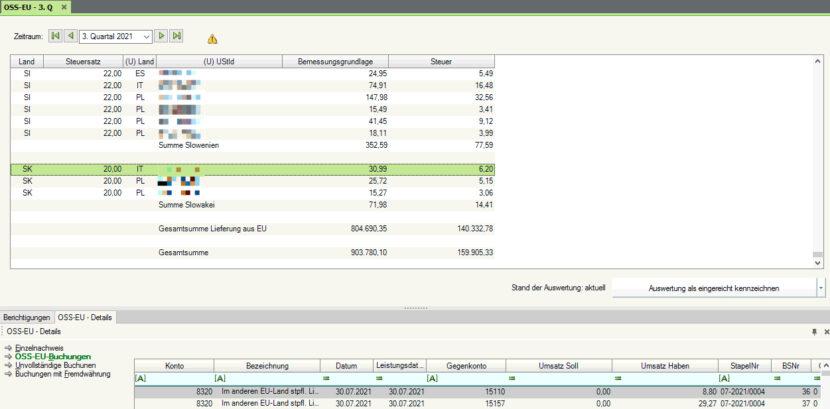Screenshot: Detailansicht der OSS-EU-Auswertung in DATEV