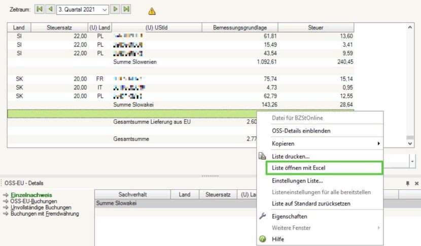 Screenshot: DATEV OSS Auswertung als Excel Liste öffnen