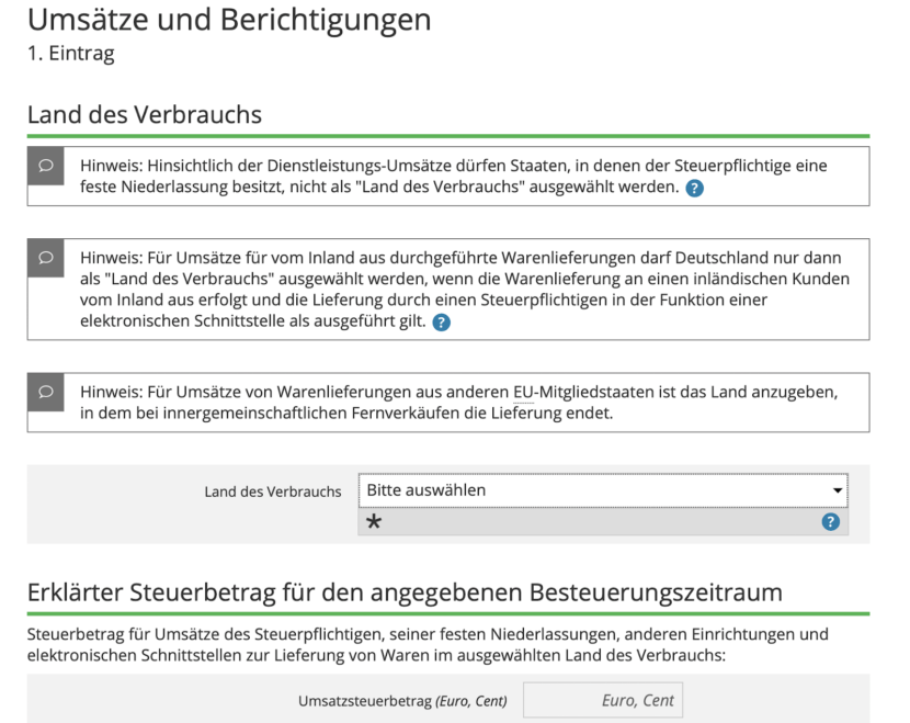 Screenshot: OSS Korrekturen / Berichtigungen müsst Ihr manuell eintragen, für jedes betroffene Land einzeln