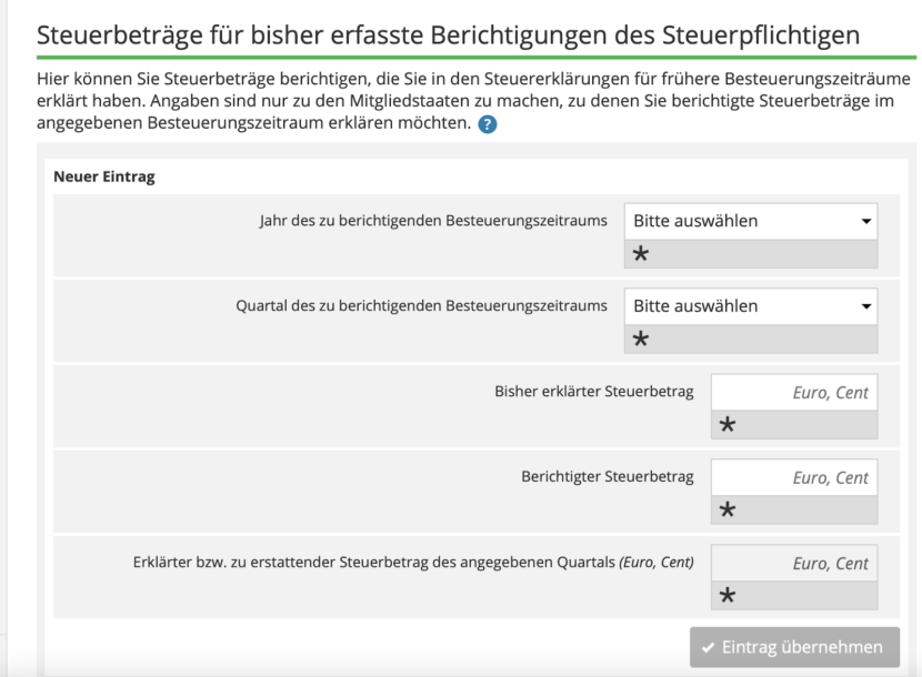 Screenshot: Im Rahmen der OSS Berichtigungen müsst Ihr den zuvor falsch gemeldeten und den korrigierten USt-Betrag angeben