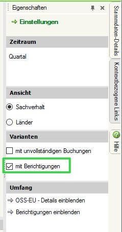 Screenshot: Berichtigungen aktivieren ist nötig, um OSS Meldungen in DATEV korrigieren zu können