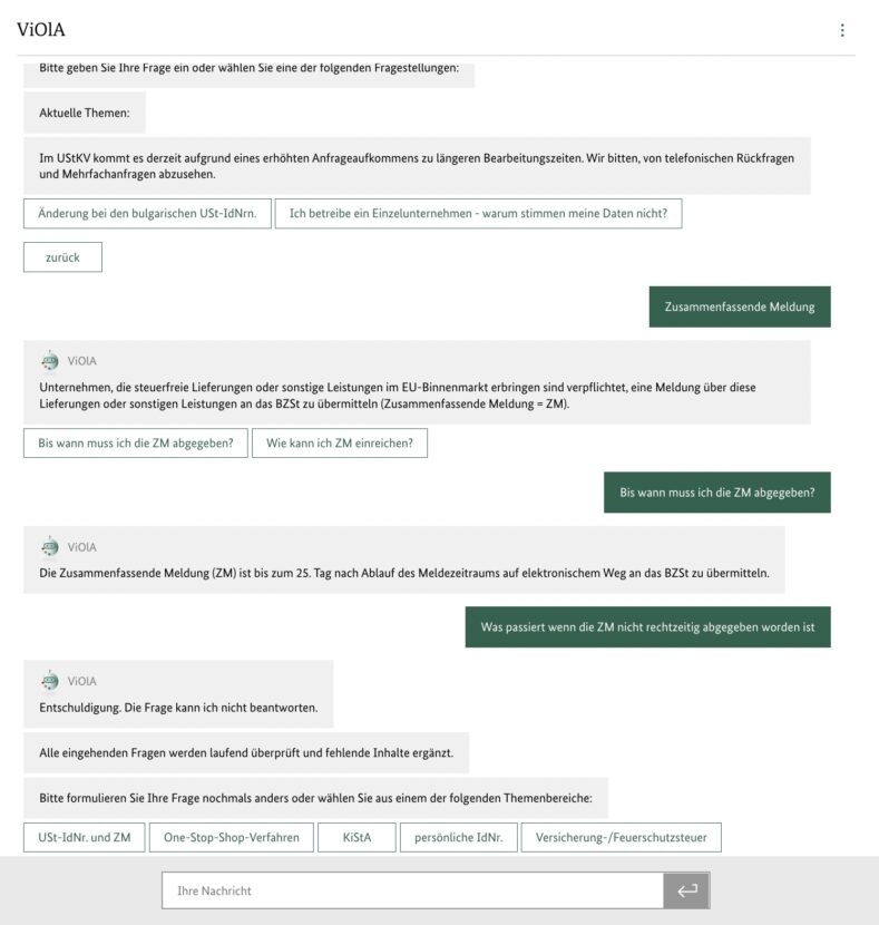 Screenshot: Chatbot ViOla des BZSt