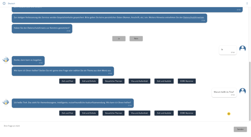 Screenshot: Chatverlauf mit Chatbot TinA des BZSt