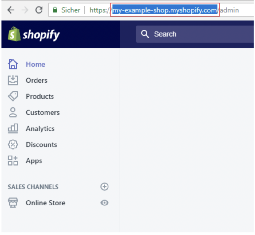 Die Shopify Admin Oberfläche: Login zum Verbinden mit der Umsatzsteuer Schnittstelle von Taxdoo
