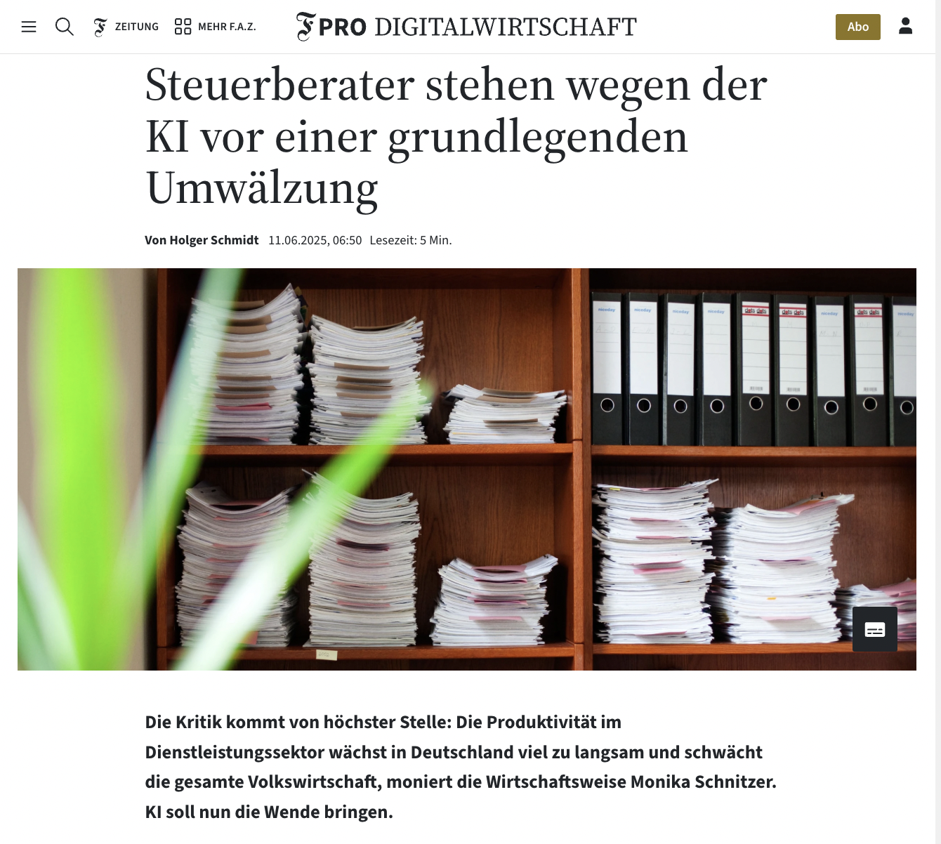 Steuerberatung steht durch KI vor einer grundlegenden Transformation: Wirtschaftsweise fordern Produktivitätsschub